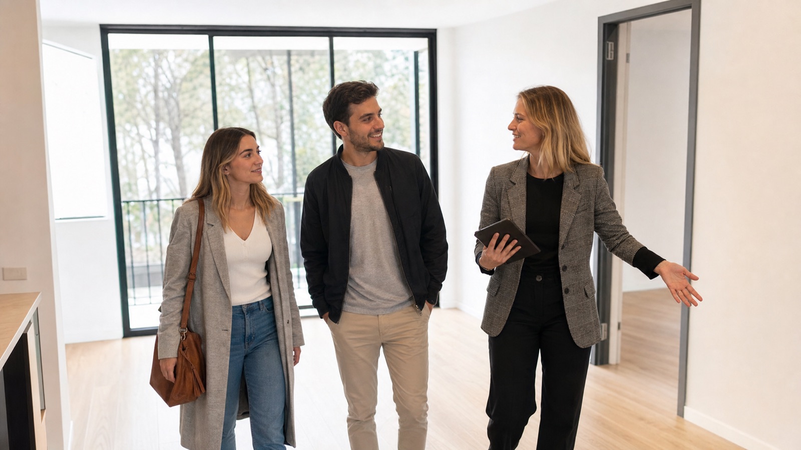 First home buyer couple reviewing property with buyers agent