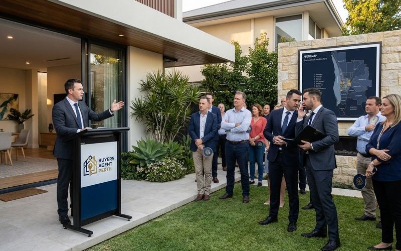 Property auction in progress with professional bidder